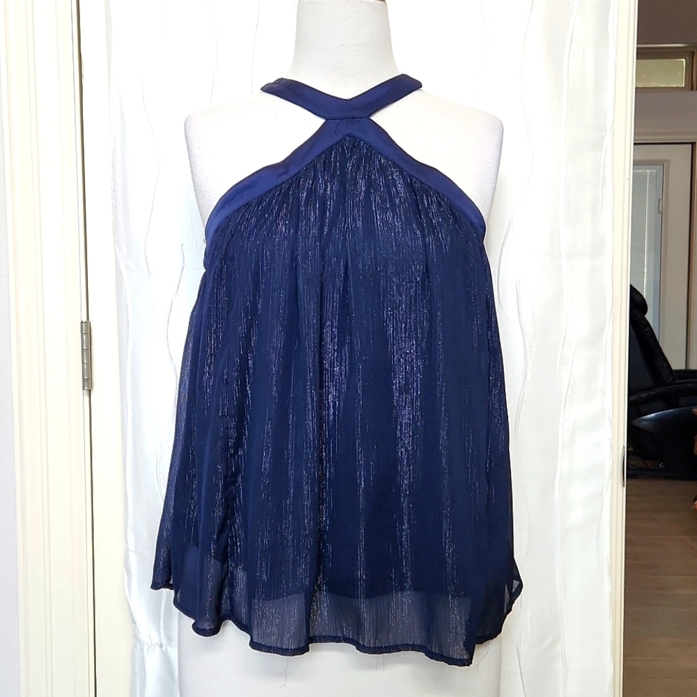 NWT Entro Shiny Navy Cold Shoulder Top